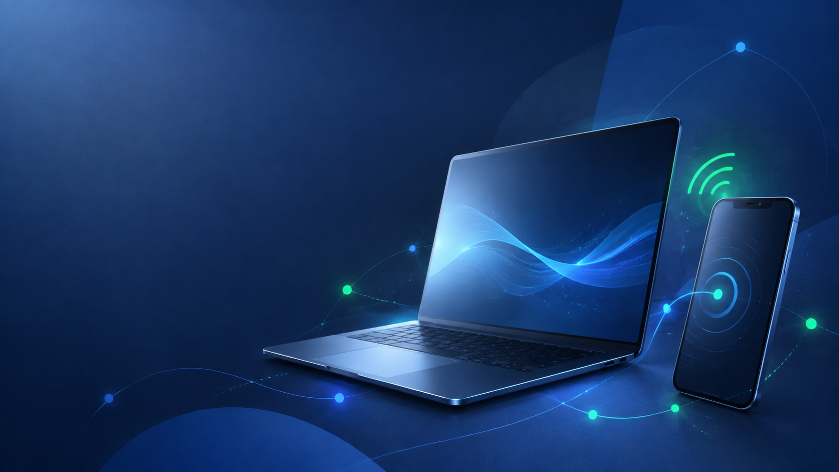 Laptop e celular conectados por sinais de rede